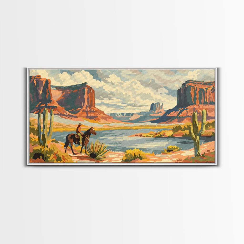 Cowboy in Monument Valley Landscape, Framed Canvas Print for Rustic Living Room Decor, Western Art for Bedroom and Home Decoration
