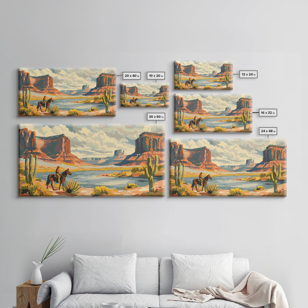 Cowboy in Monument Valley Landscape, Framed Canvas Print for Rustic Living Room Decor, Western Art for Bedroom and Home Decoration