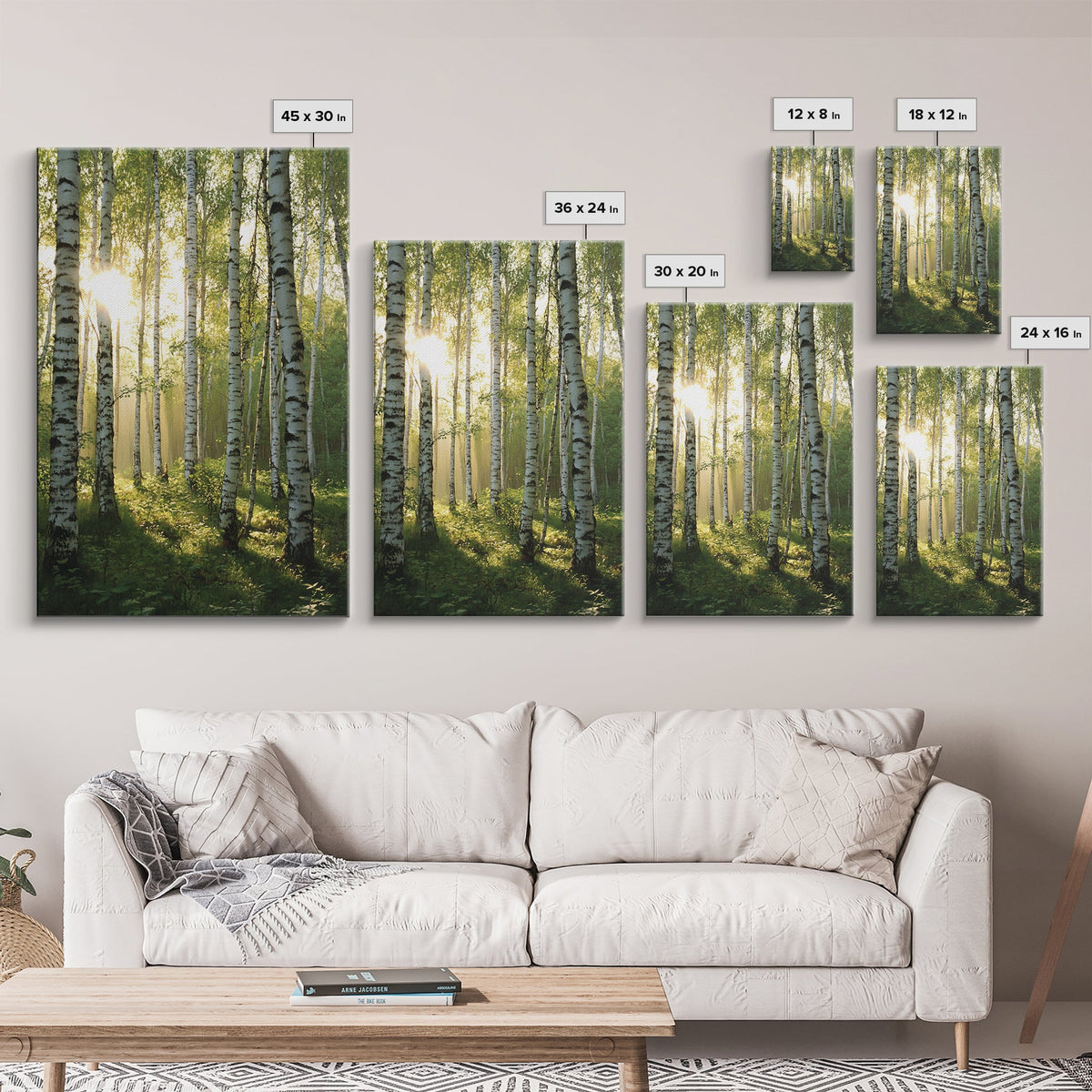 Morning Sunlight Birch Tree Art Canvas Print Natural Landscape Gift Rustic Farmhouse Vertical Artwork Home Decor Above Bed