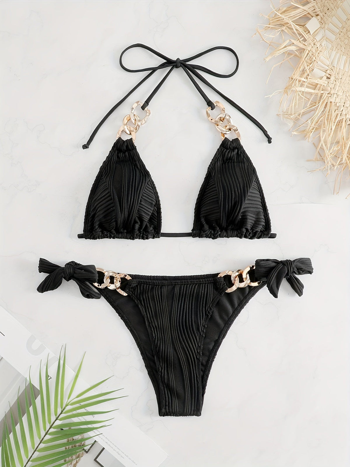 Bikini Ruched Texture Golden Chain 2 Piece Triangle Swimsuit for Women – Striped Halter Bikini Set with Bow Tie Side and Elegant Ring Link Detail – Stretchy Beachwear for Pool Bathing and Summer Vacations