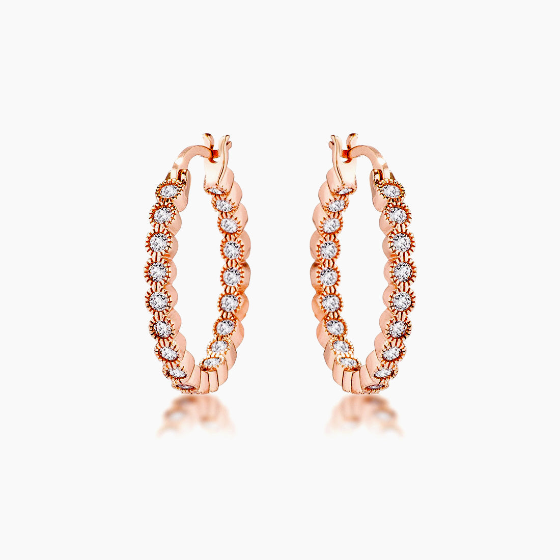Rose Gold Plated Dotted Clear CZ Round Bezel Hoop Earrings