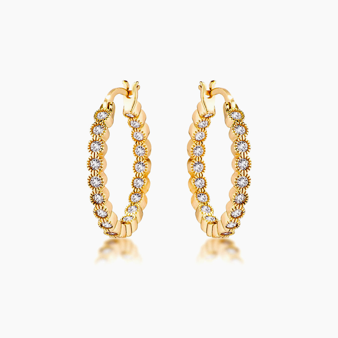 Gold Plated Dotted Clear CZ Round Bezel Hoop Earrings
