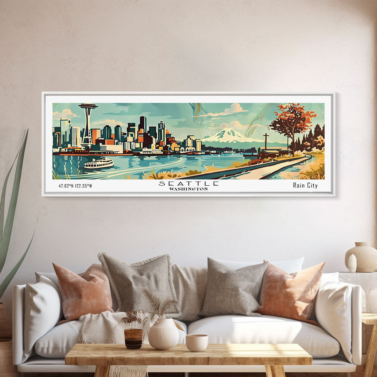 Seattle Washington Panoramic Painting, Mid Century Modern Framed Canvas Print, Retro Pop Art Travel Poster, Living Room Wall Art Decor