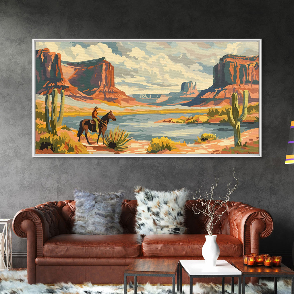 Cowboy in Monument Valley Landscape, Framed Canvas Print for Rustic Living Room Decor, Western Art for Bedroom and Home Decoration