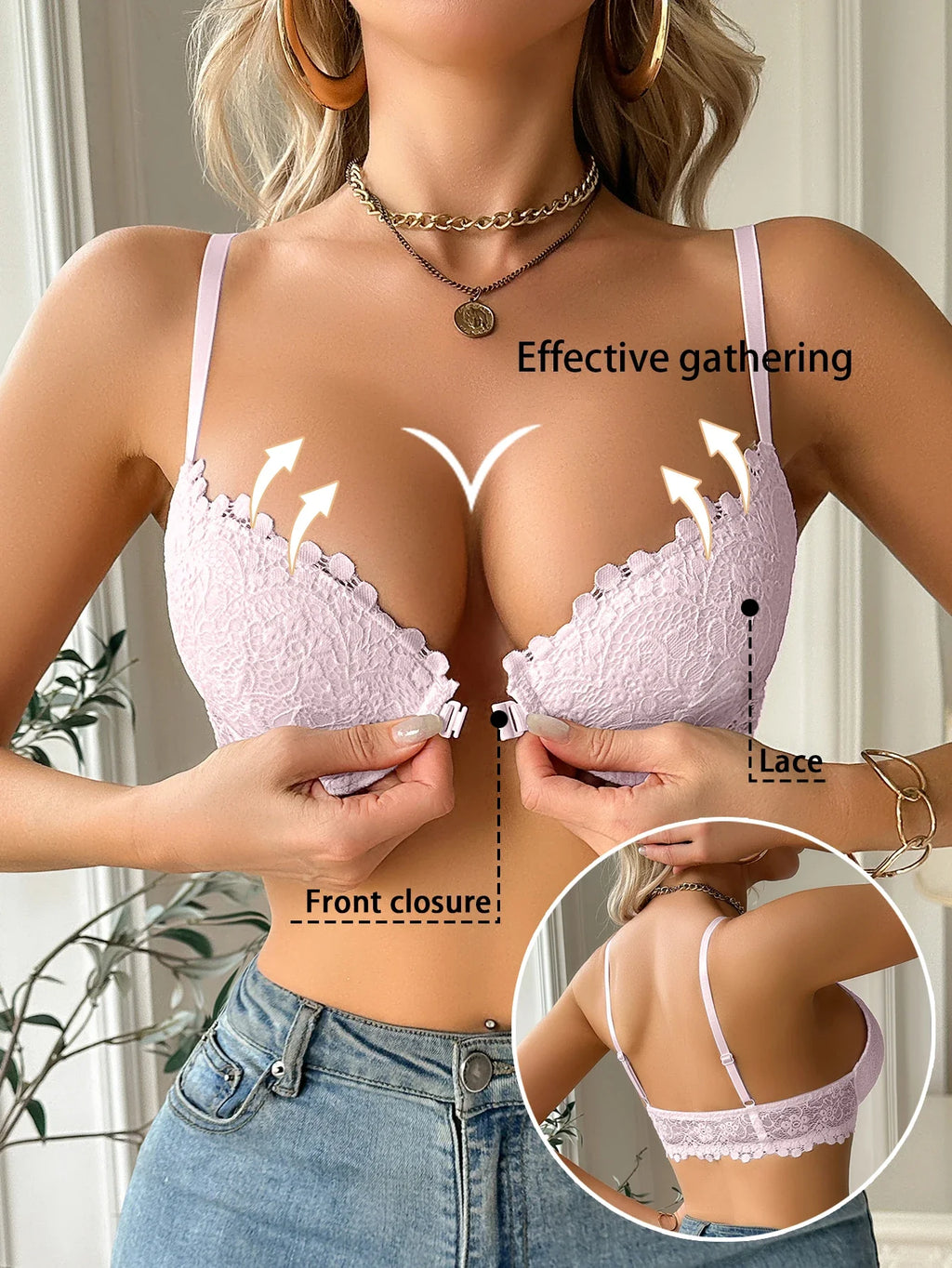 Modern Women's Lace Bra, Sexy Front-Clasp Push-Up Bra, Non-Padded, Breathable, Comfortable, Elegant, Sexy Lingerie Top