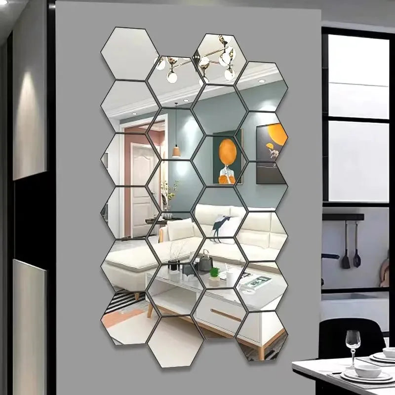 6/12pc Hexagon Mirror Wall Stickers 3D DIY Acrylic Mirror Sticker Self Adhesive Decals Removable Living Room Bathroom Home Decor
