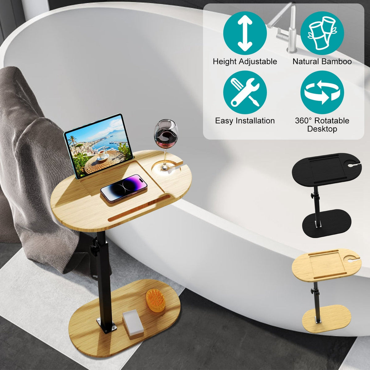 C-Shaped Bathtub Tray Table With Adjustable Height 360¡ Rotatable Desktop Freestanding Bath Caddy Against Wall Couch Bed Sofa Side Table