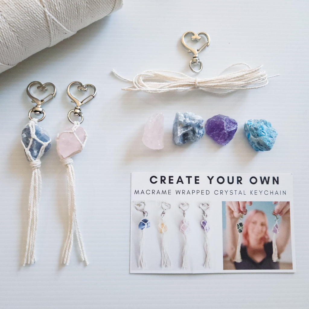 Macrame wrapped crystal keychain DIY craft kit.