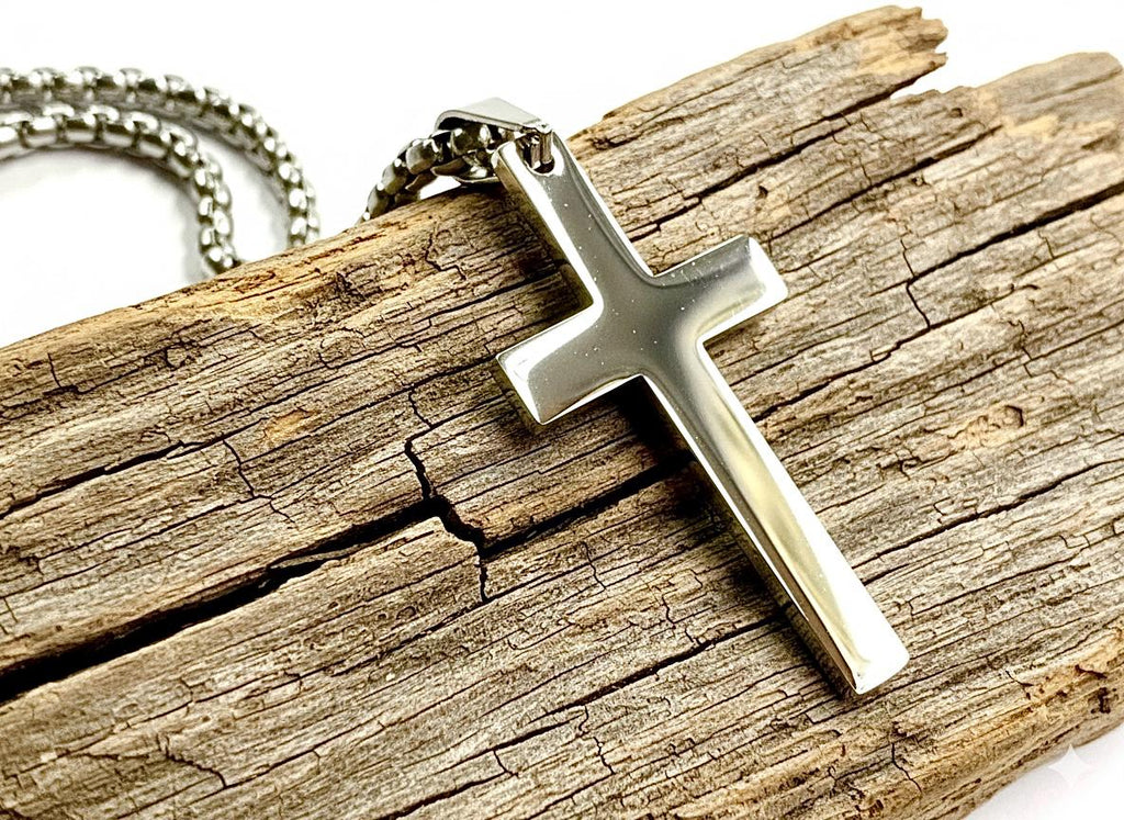 Small Silver Stainless Steel Cross Necklace with Box Chain