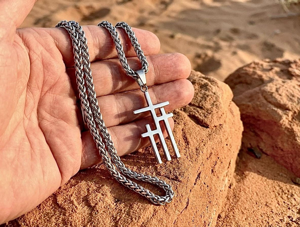 Three Crosses of Calvary Necklace | Gold Silver Triple Cross Pendant