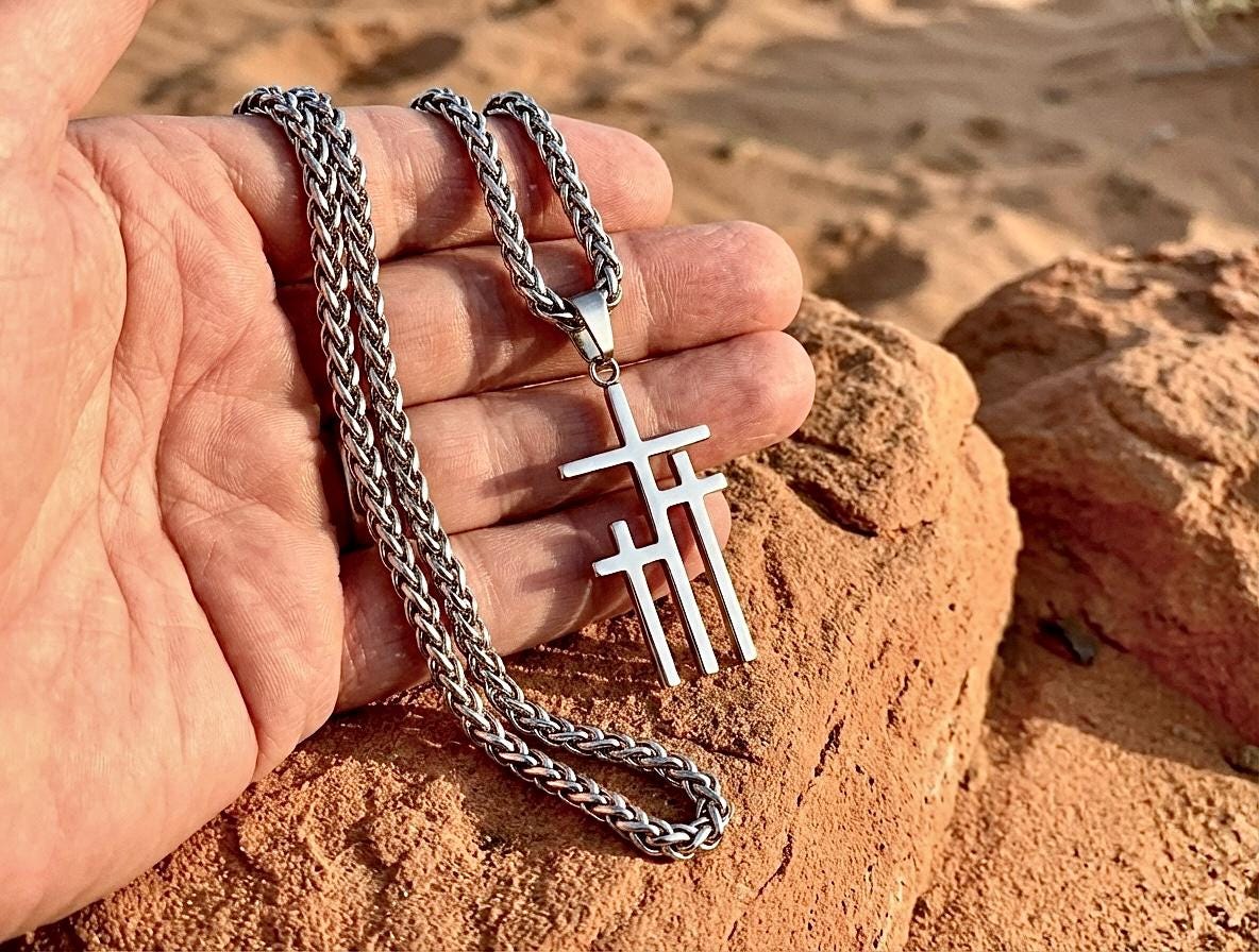 Three Crosses of Calvary Necklace | Gold Silver Triple Cross Pendant