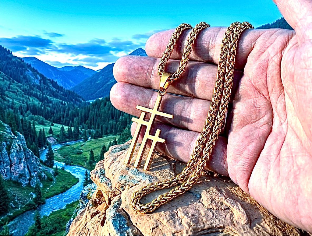Three Crosses of Calvary Necklace | Gold Silver Triple Cross Pendant