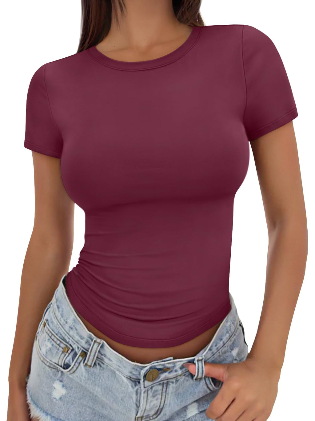Trendy Queen Womens Basic T Shirts Summer Tops 2025 Crop Short Sleeve Slim Fit Tee Cute Gym Workout Clothes