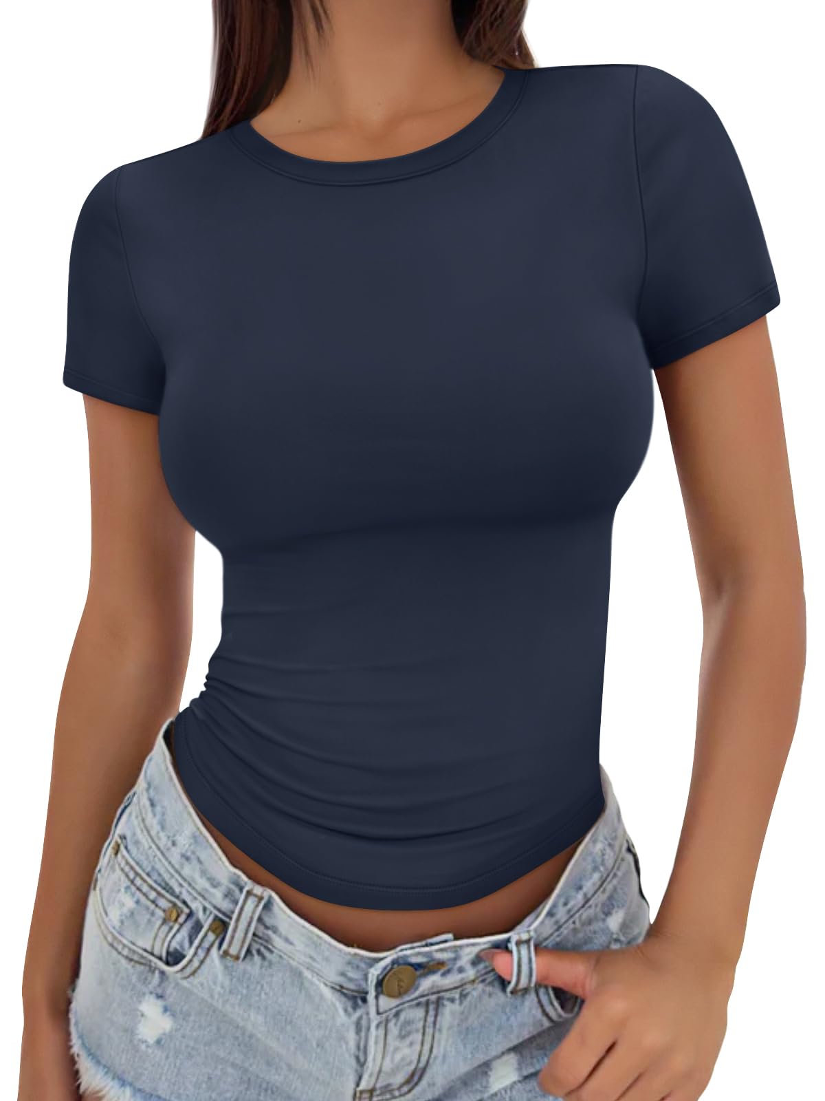 Trendy Queen Womens Basic T Shirts Summer Tops 2025 Crop Short Sleeve Slim Fit Tee Cute Gym Workout Clothes
