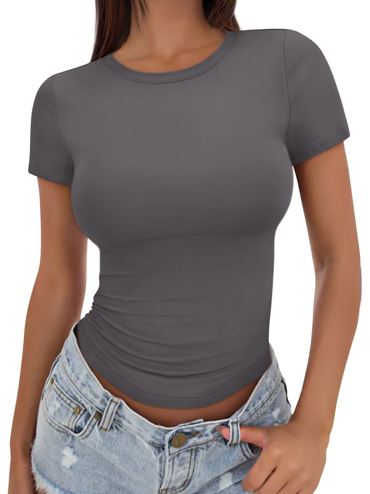 Trendy Queen Womens Basic T Shirts Summer Tops 2025 Crop Short Sleeve Slim Fit Tee Cute Gym Workout Clothes
