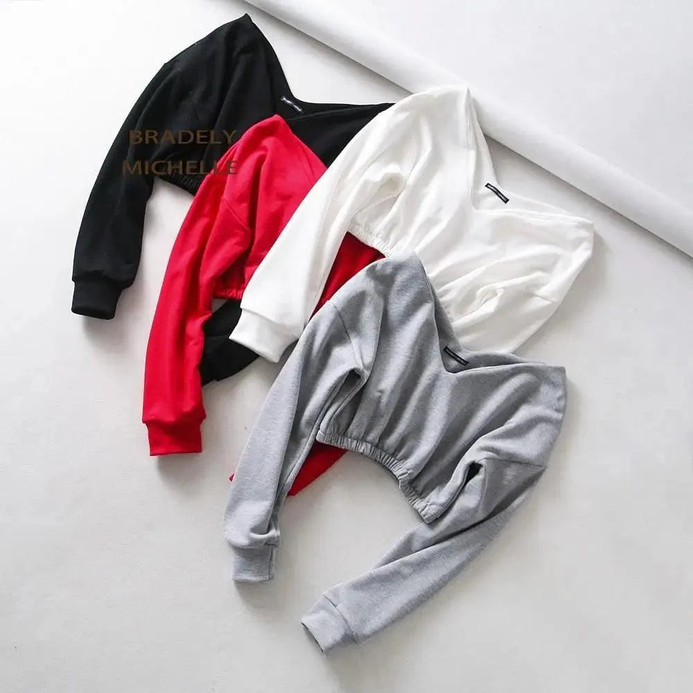 Women Sweatshirt Streetwear Hoodies Hip Pop Crop Top Female Long Sleeve Deep V Neck Pullovers Womens Sweatshirts Pullover Tops Drop Shoulder Running Activewear Casual Gym Workout Sweatshirt
