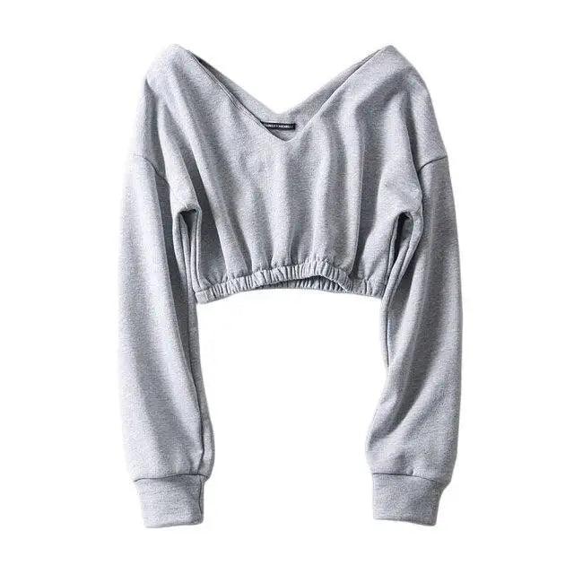 Women Sweatshirt Streetwear Hoodies Hip Pop Crop Top Female Long Sleeve Deep V Neck Pullovers Womens Sweatshirts Pullover Tops Drop Shoulder Running Activewear Casual Gym Workout Sweatshirt